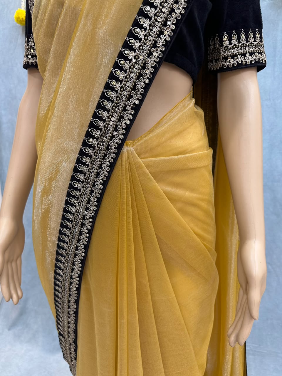 Premium Golden Organza Silk Saree with Heavy Zari & Embroidery Work – Designer Black Taffeta Blouse