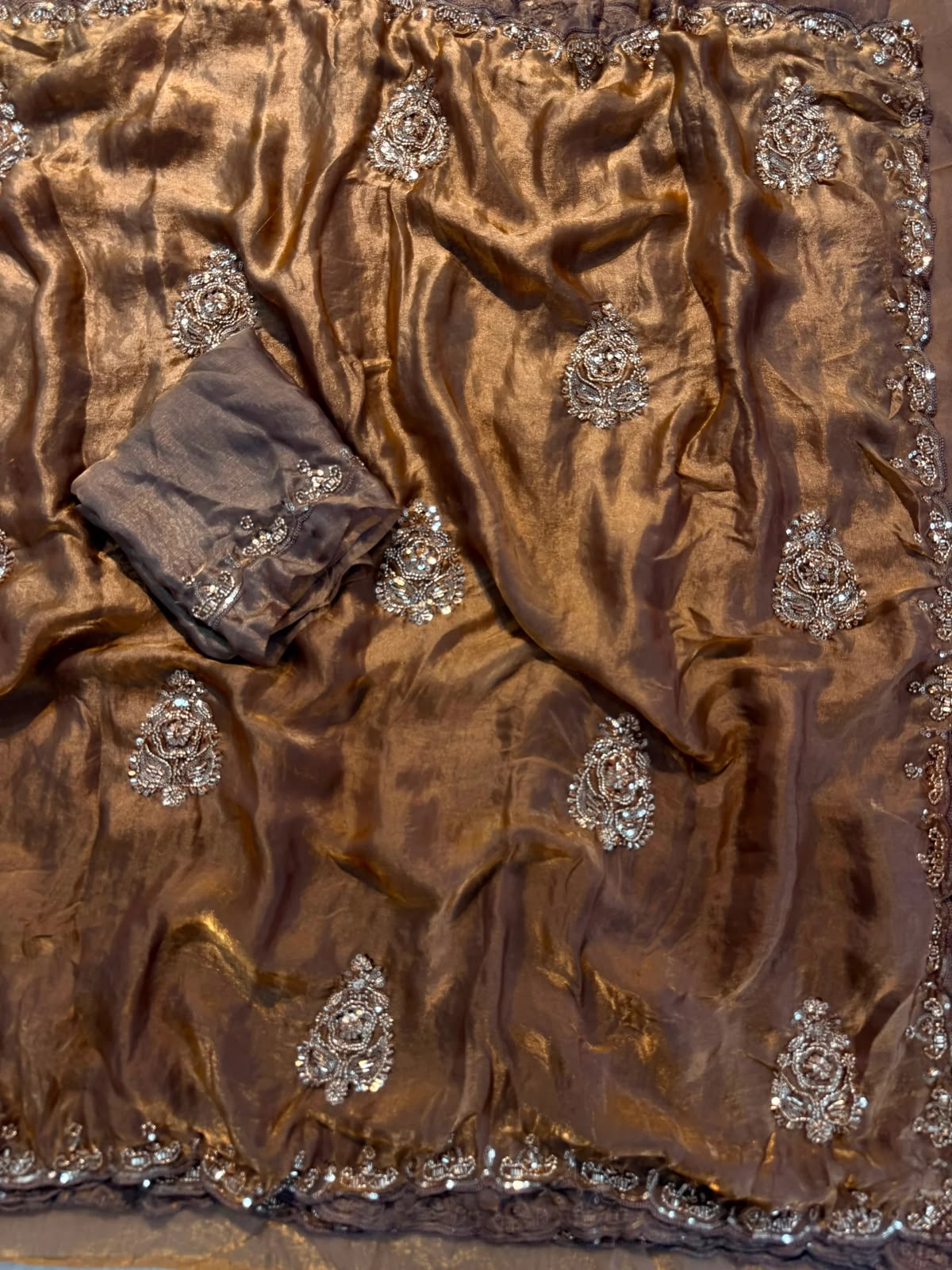 Premium Soft Satin Fandy Silk Sarees with Beads & Sequence Work