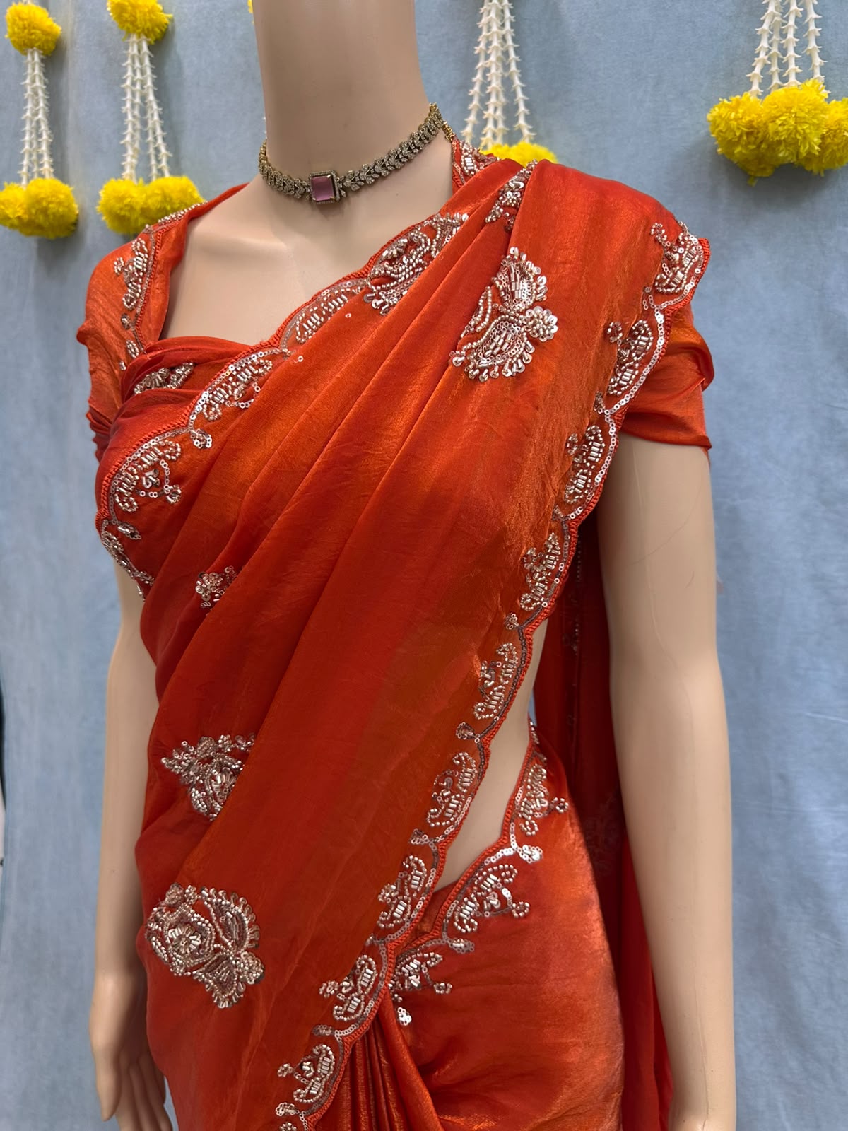 Premium Soft Satin Fandy Silk Sarees with Beads & Sequence Work