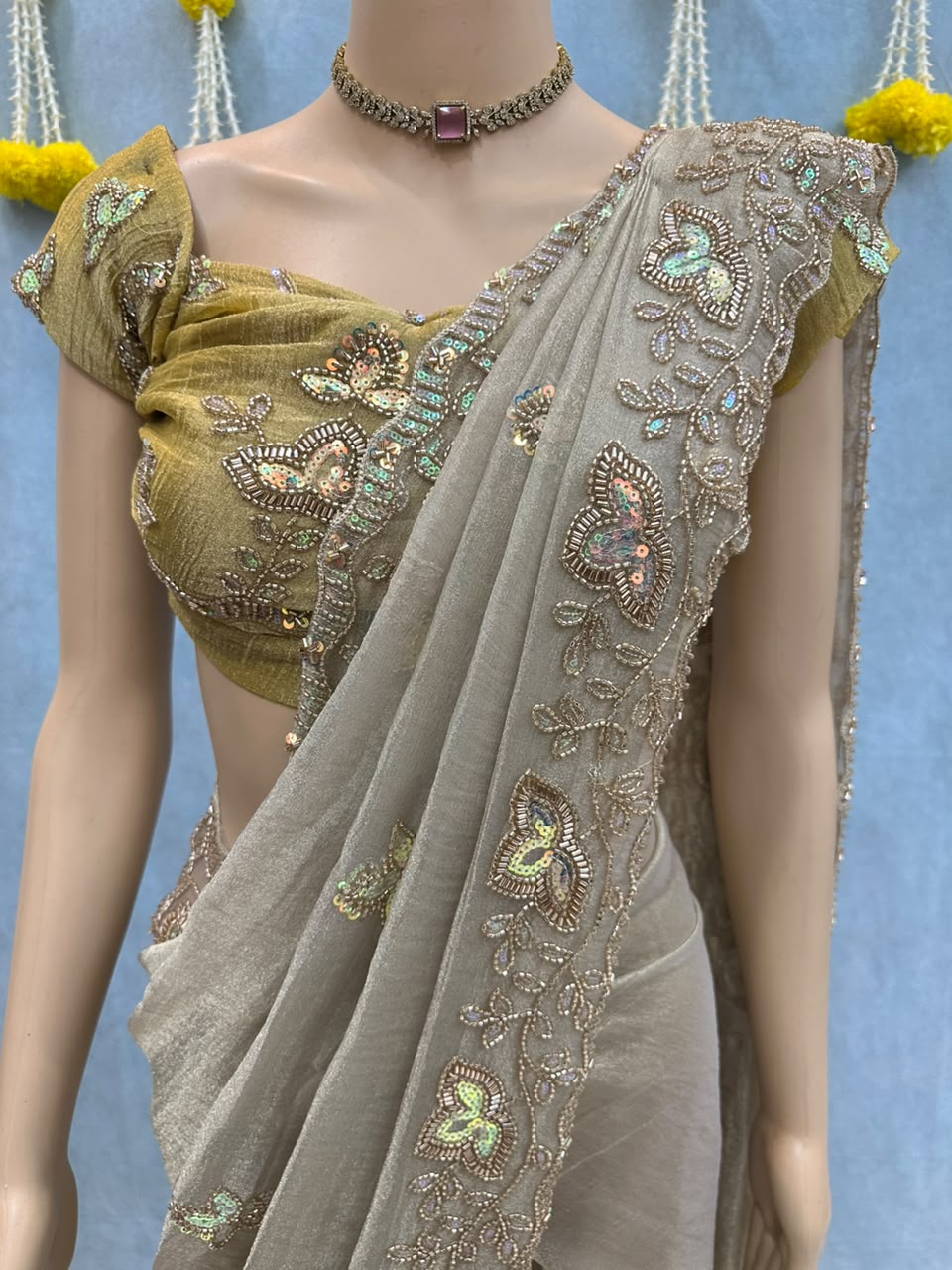 Premium Salsa Tissue Saree with Beads & Sequence Work