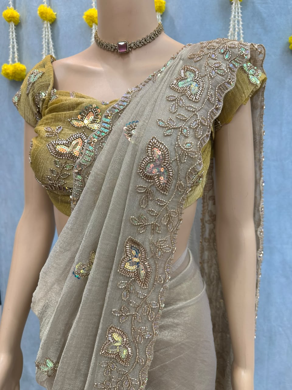 Premium Salsa Tissue Saree with Beads & Sequence Work