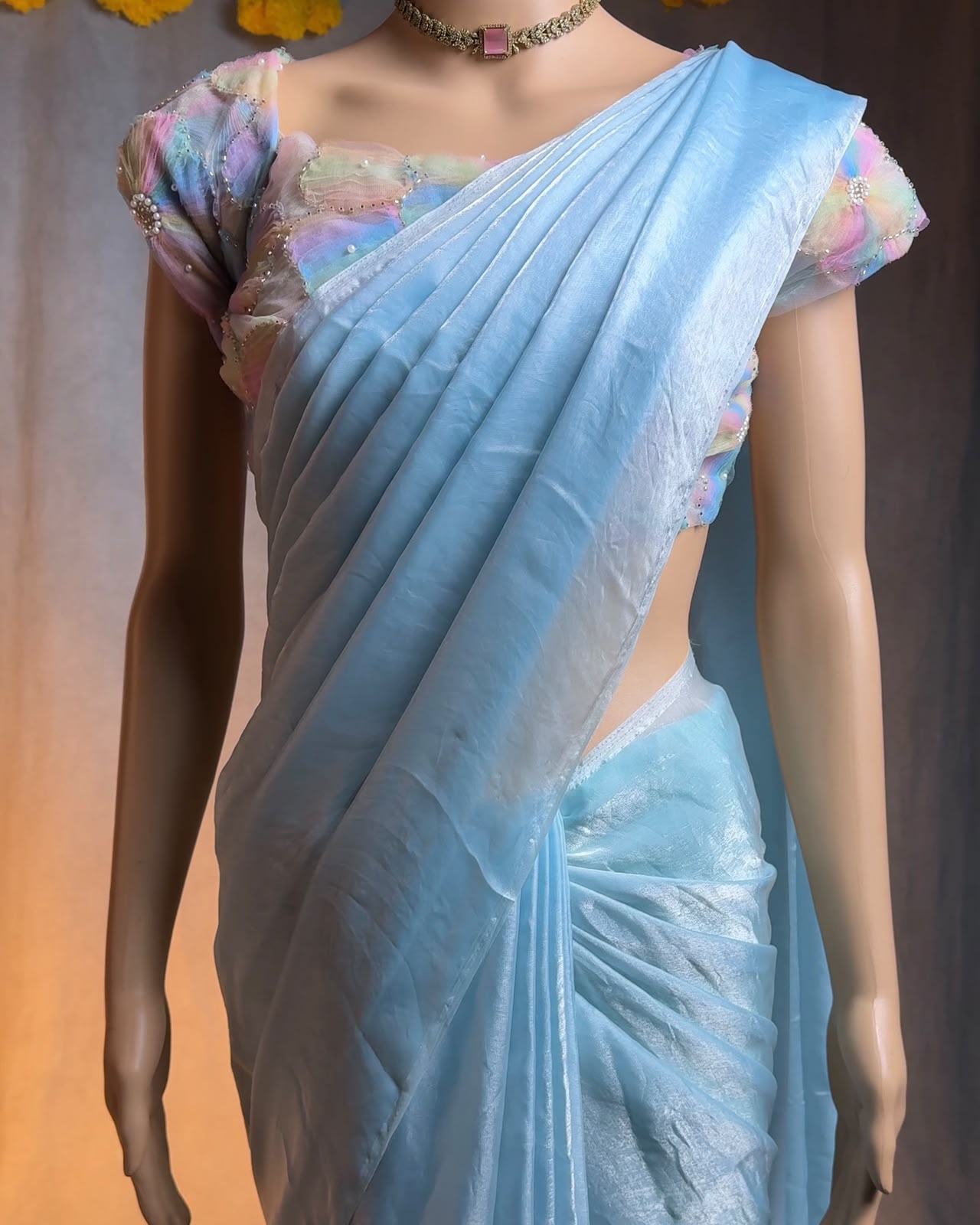 Premium Soft Fandy Satin Silk Saree with Designer Pallu – Net Blouse with Ribbon, Beads & Moti Work