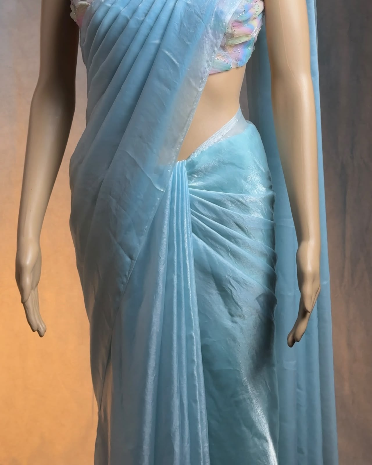 Premium Soft Fandy Satin Silk Saree with Designer Pallu – Net Blouse with Ribbon, Beads & Moti Work