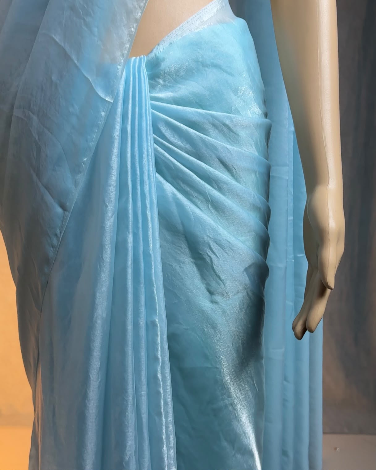 Premium Soft Fandy Satin Silk Saree with Designer Pallu – Net Blouse with Ribbon, Beads & Moti Work