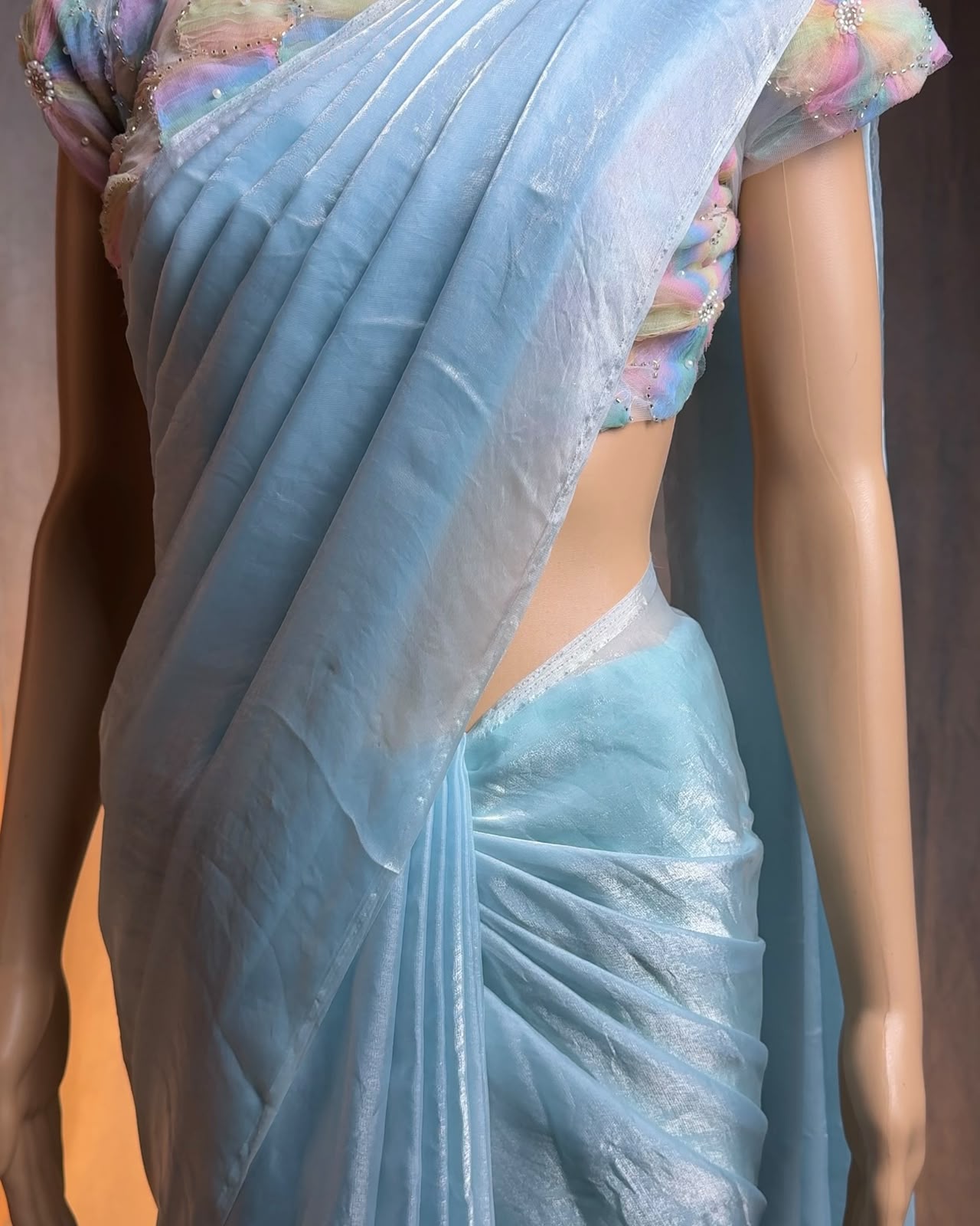 Premium Soft Fandy Satin Silk Saree with Designer Pallu – Net Blouse with Ribbon, Beads & Moti Work