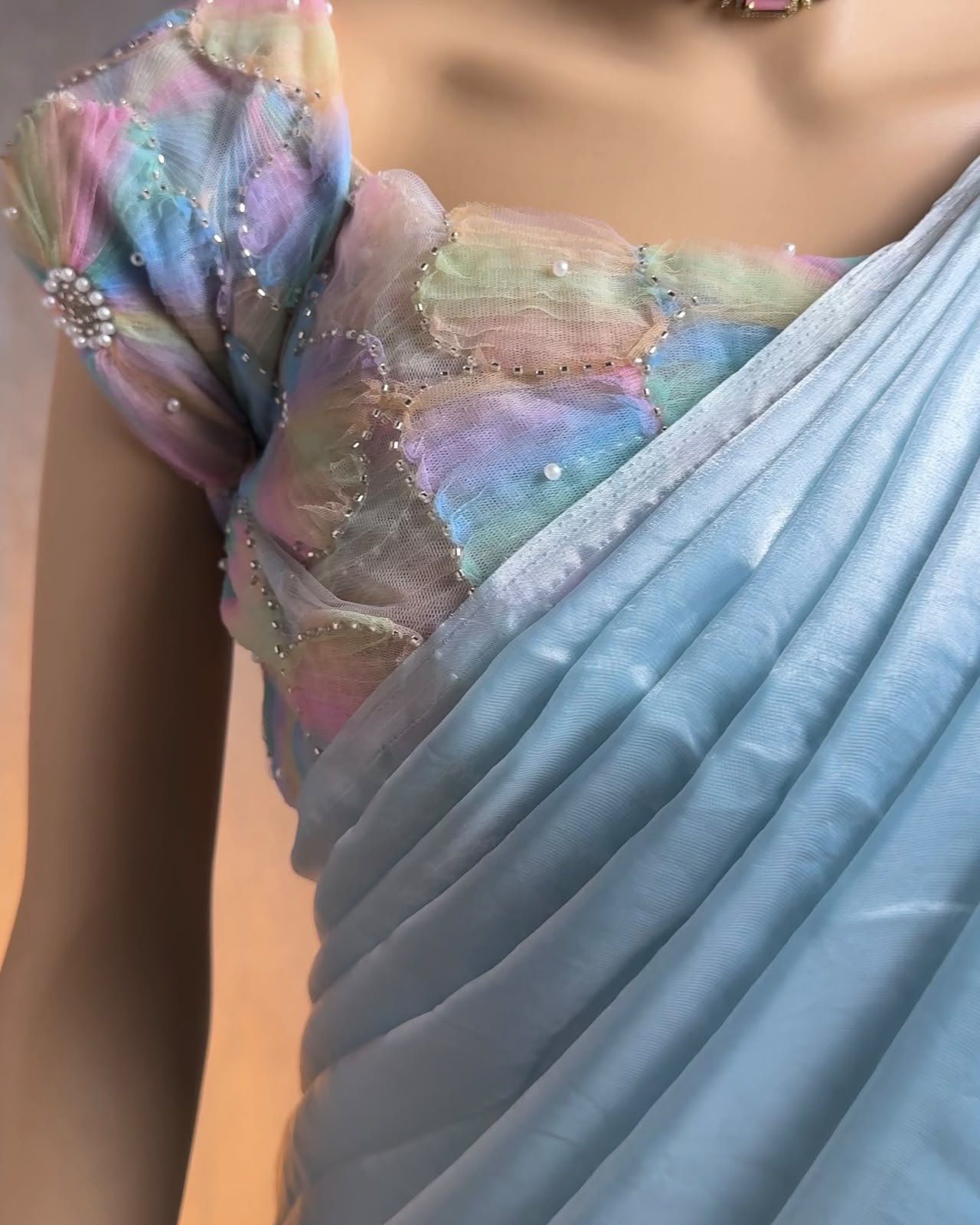 Premium Soft Fandy Satin Silk Saree with Designer Pallu – Net Blouse with Ribbon, Beads & Moti Work