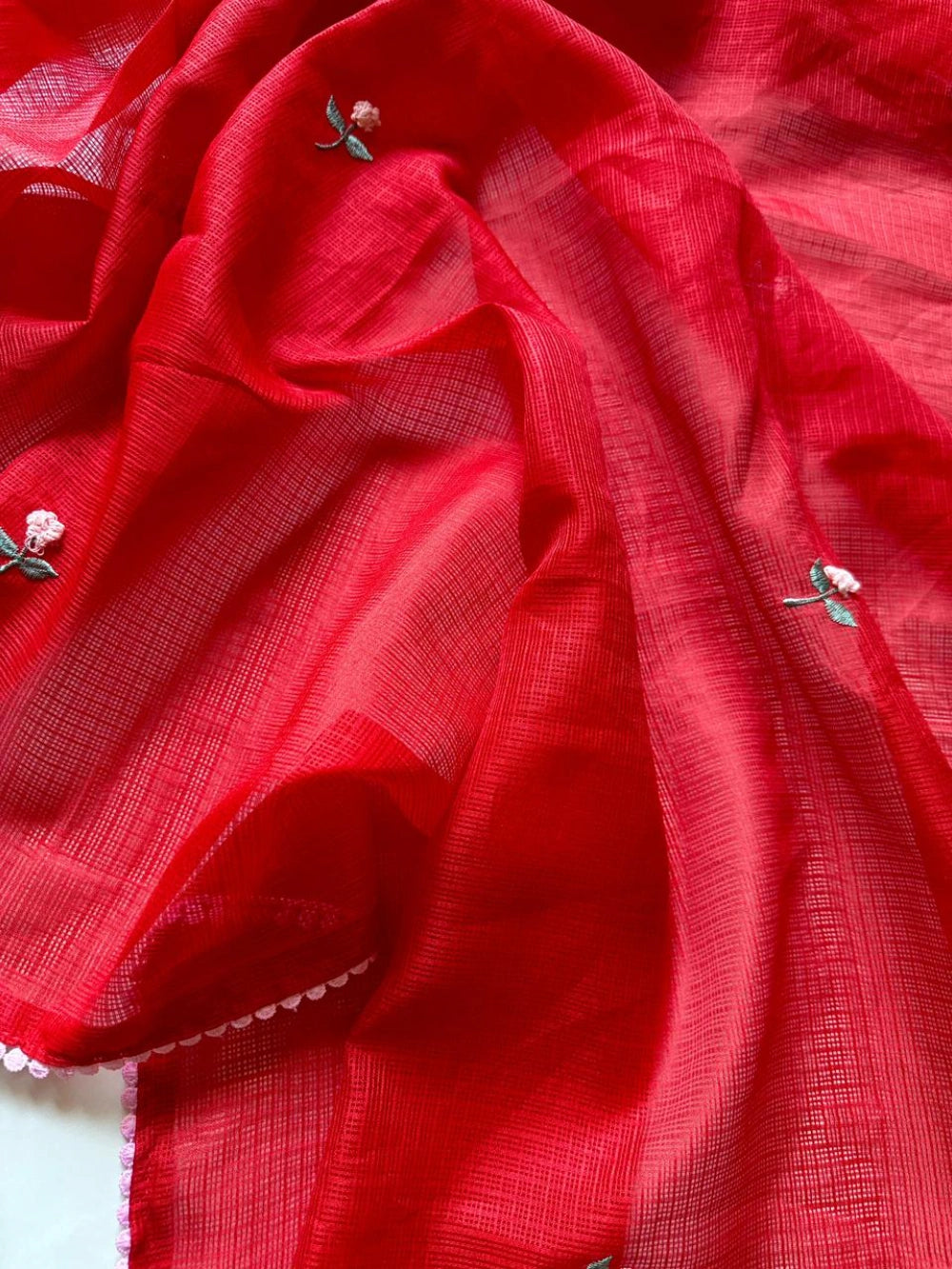Premium Kota Doriya Saree with Knot Handwork & Four-Side GPO Lace Border – Running Unstitched Blouse with Knot Detailing