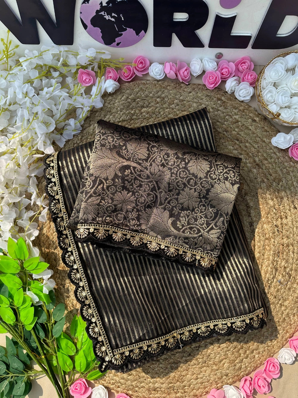 Banarasi Kora Organza Saree with All-Over Weaving Stripes, Scalloped Embroidery & Sequin Lace – Designer Jacquard Blouse Included