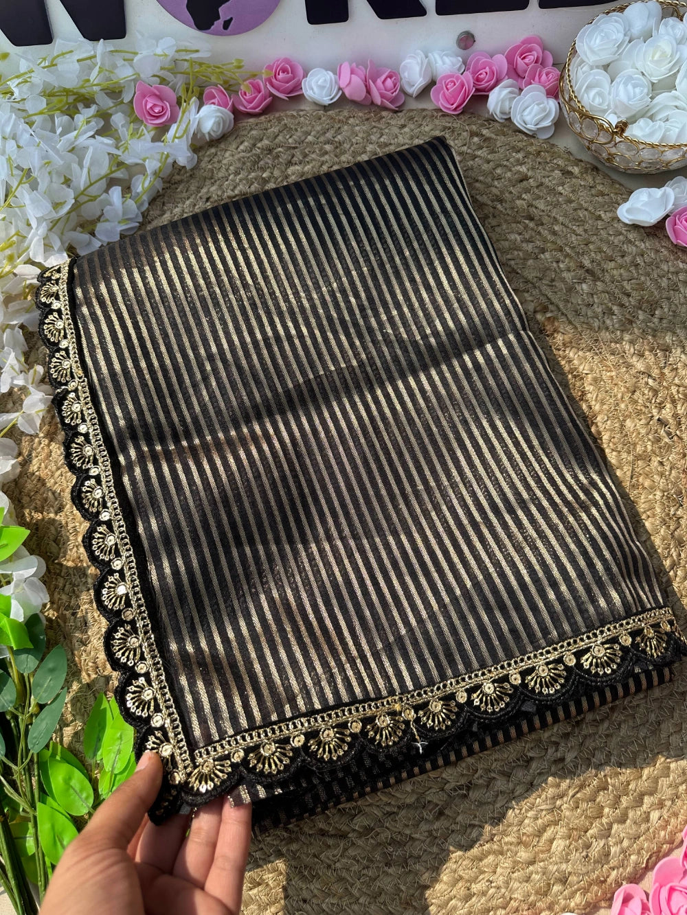 Banarasi Kora Organza Saree with All-Over Weaving Stripes, Scalloped Embroidery & Sequin Lace – Designer Jacquard Blouse Included