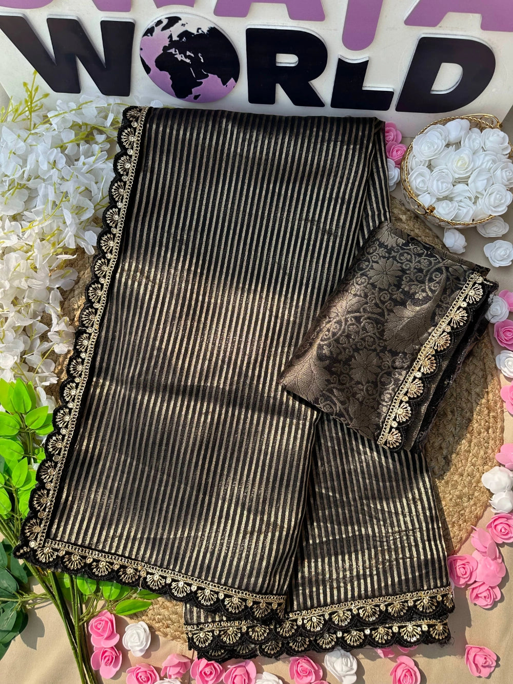 Banarasi Kora Organza Saree with All-Over Weaving Stripes, Scalloped Embroidery & Sequin Lace – Designer Jacquard Blouse Included