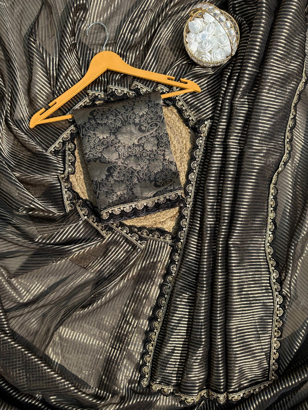 Banarasi Kora Organza Saree with All-Over Weaving Stripes, Scalloped Embroidery & Sequin Lace – Designer Jacquard Blouse Included