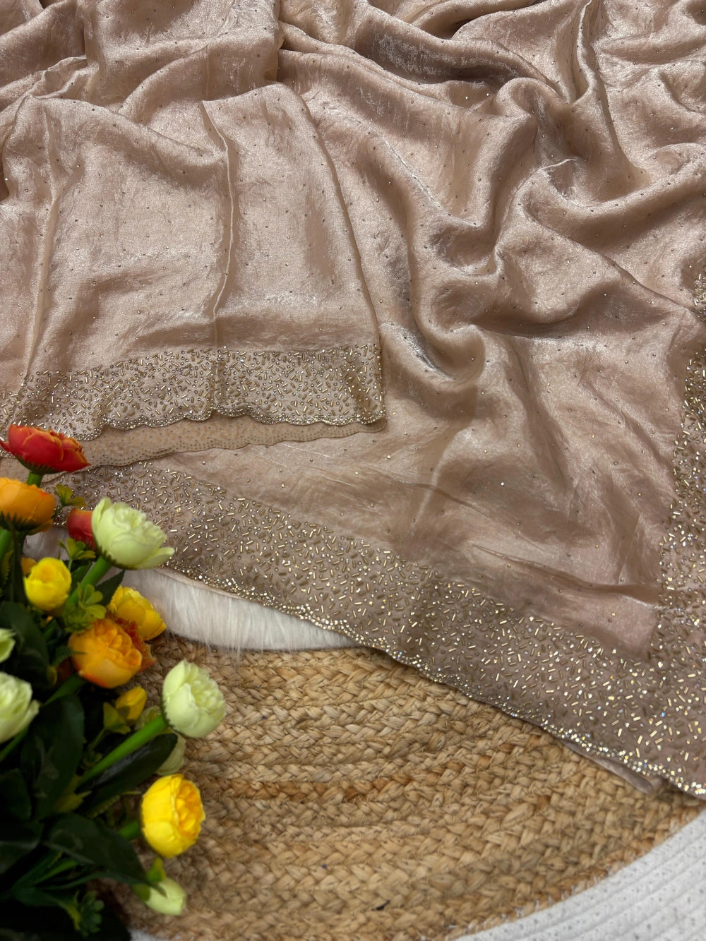 Quality Fendi Space Silk Saree with All‑Over Jarkhan Work & Running Embroidery Blouse