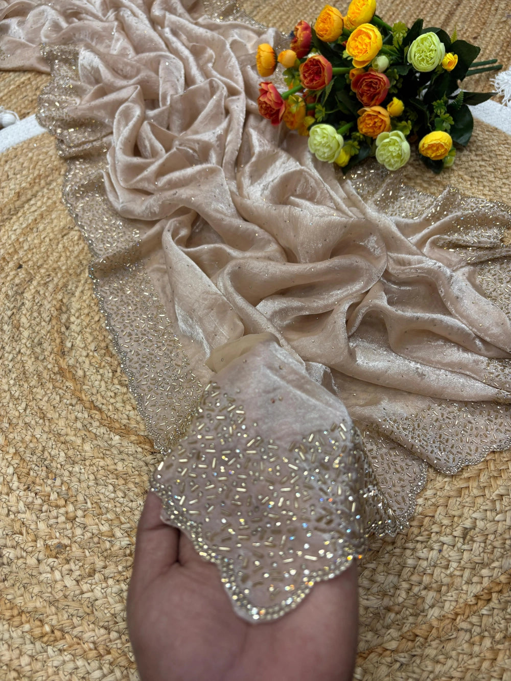 Quality Fendi Space Silk Saree with All‑Over Jarkhan Work & Running Embroidery Blouse