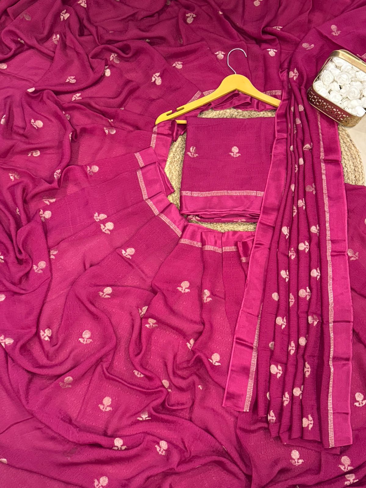 Premium Pure Viscose Khadi Silk Saree with Satin Border & Jacquard Leaf Design – Running Blouse