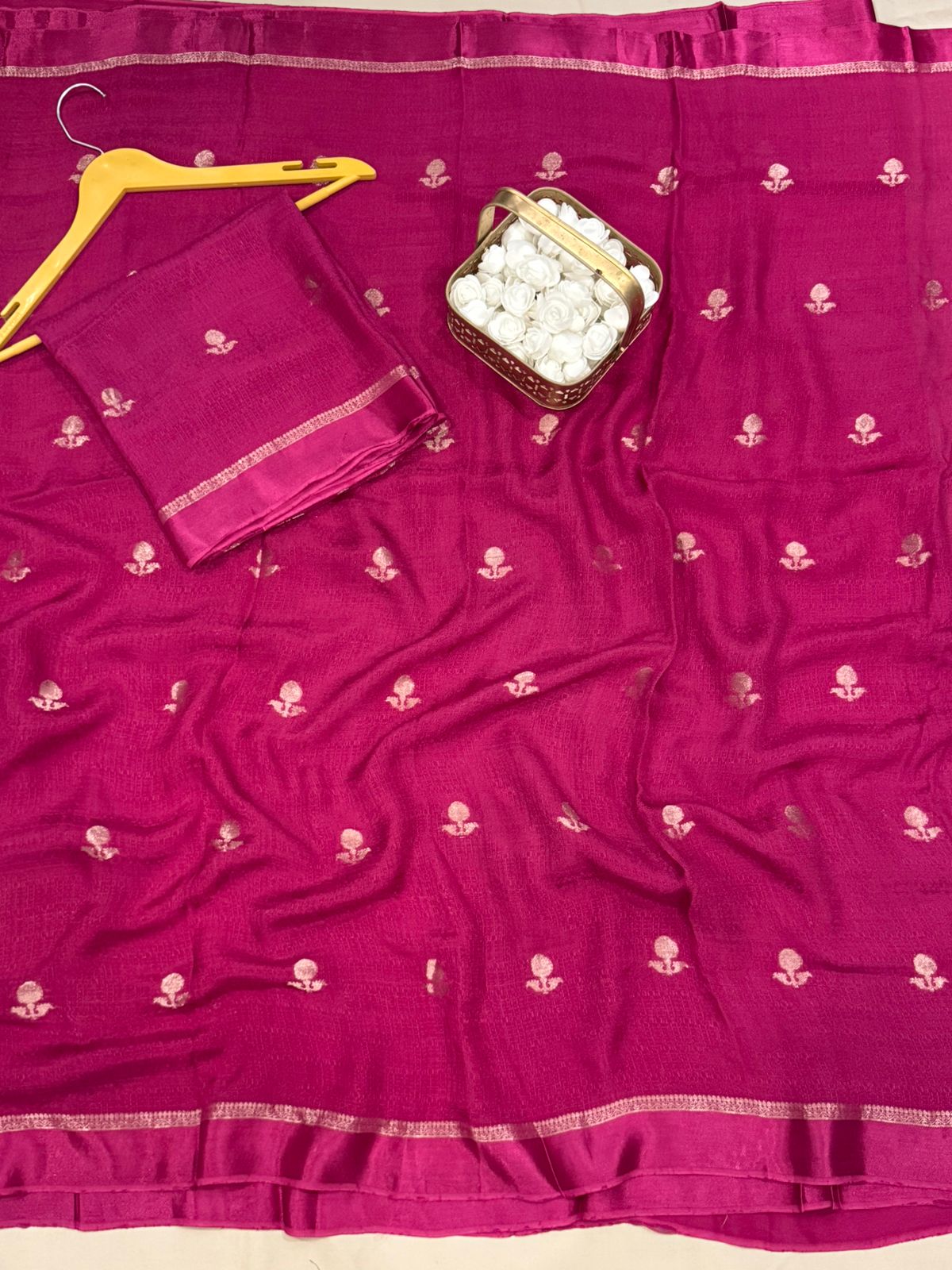 Premium Pure Viscose Khadi Silk Saree with Satin Border & Jacquard Leaf Design – Running Blouse
