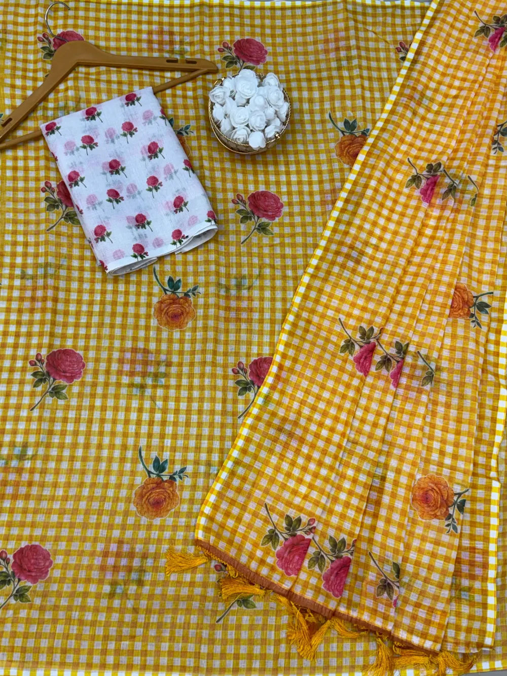 Premium Lilen Cotton Saree with Multicolor Digital Print, Tassel Pallu & Matching Blouse