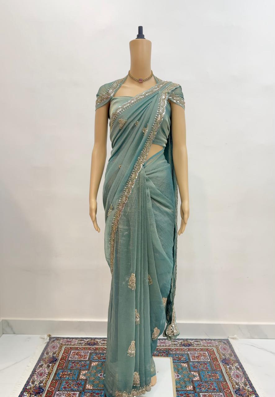 Premium Muted Green Tissue Fabric Saree with Zari Butta Work – Designer Festival Collection