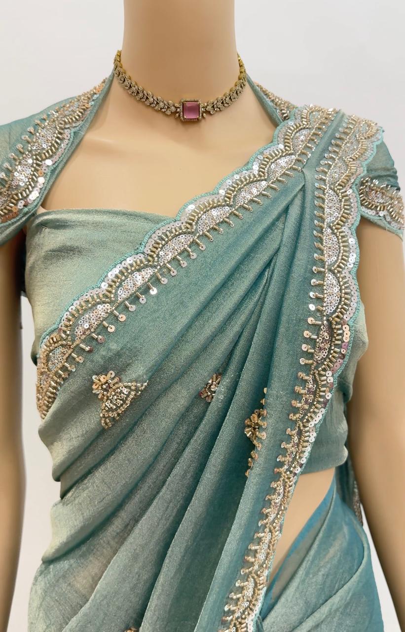 Premium Muted Green Tissue Fabric Saree with Zari Butta Work – Designer Festival Collection
