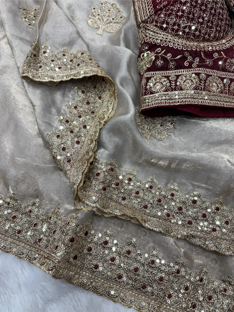 Premium Frendy Satin Saree with Sequence & Zari Embroidery – Heavy Stitched Blouse