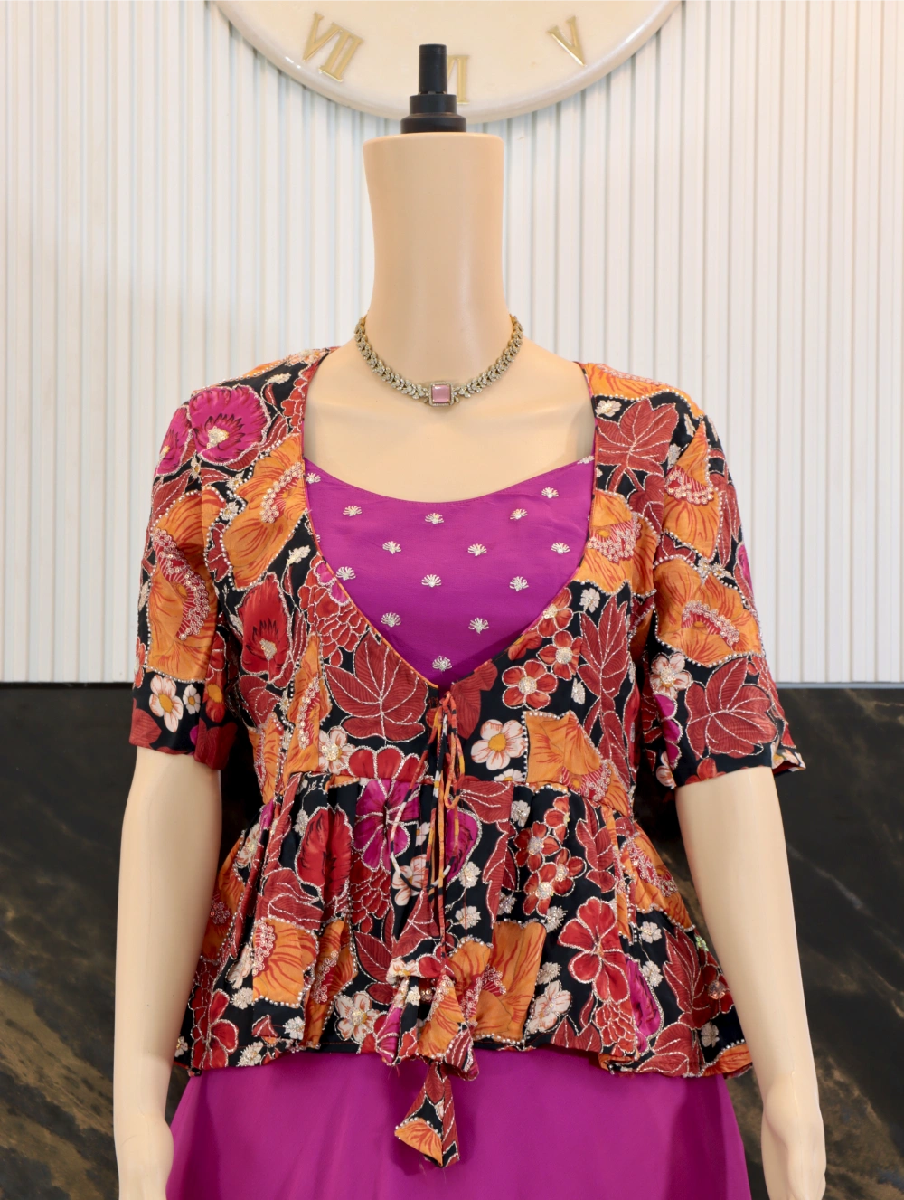 Autumn tapestry peplum coat with position print embroidery and cutdana handwork – close‑up view