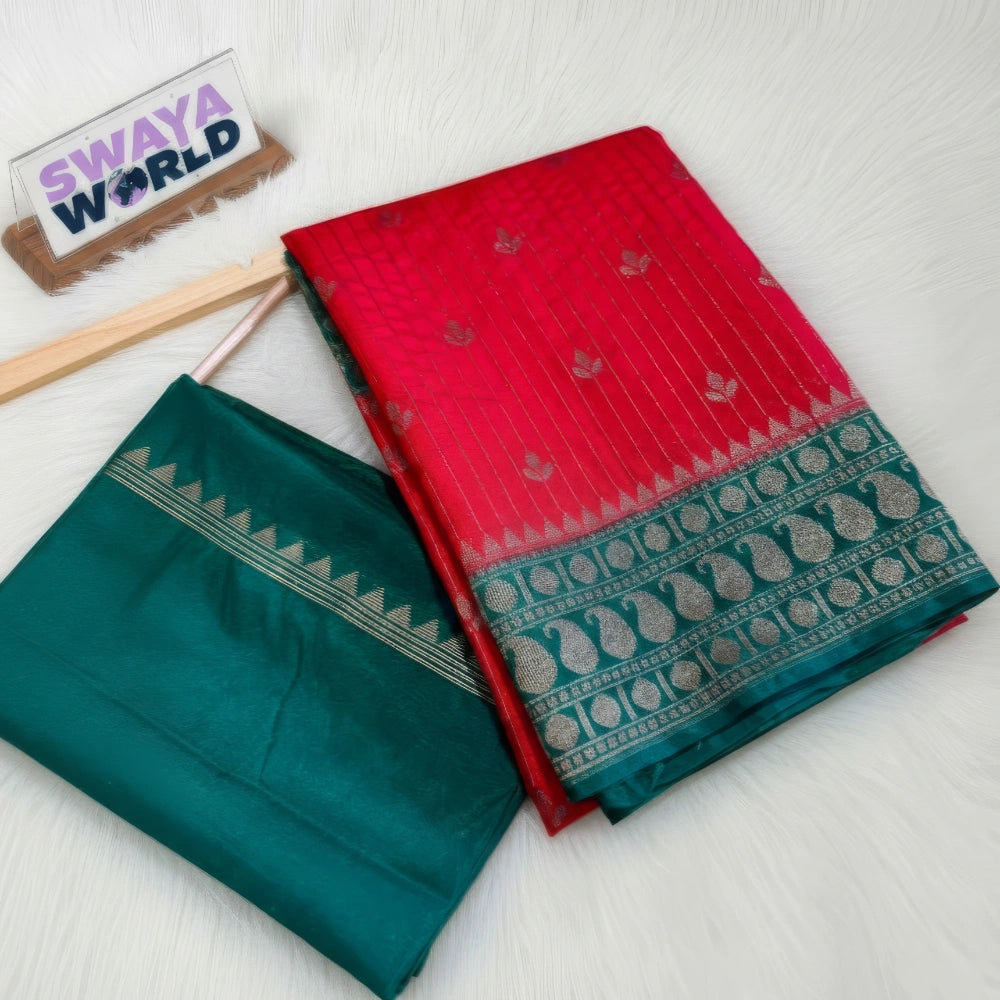 Two sarees, one red and one green, with a visible brand logo in the background.