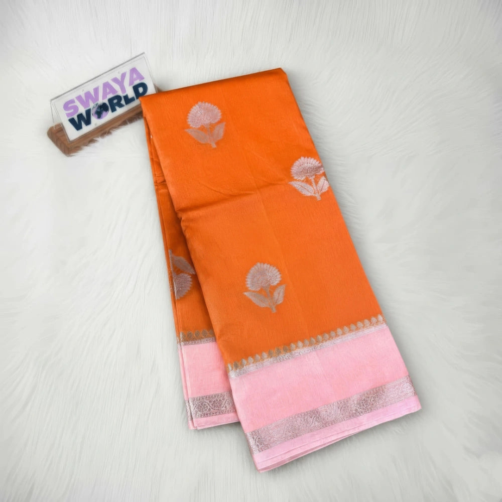 Orange saree with pink border and floral patterns on a white background, branded 'Swaya World'.