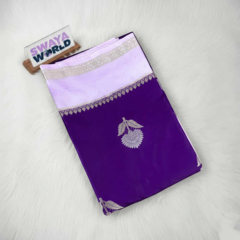 Purple and white saree with floral design on a white background, branded 'Swaya World'.