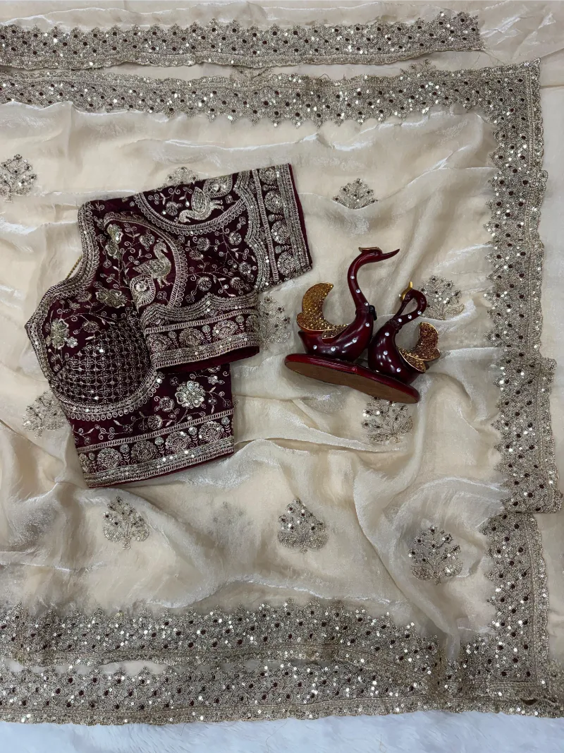 Premium Frendy Satin Saree with Sequence & Zari Embroidery – Heavy Stitched Blouse