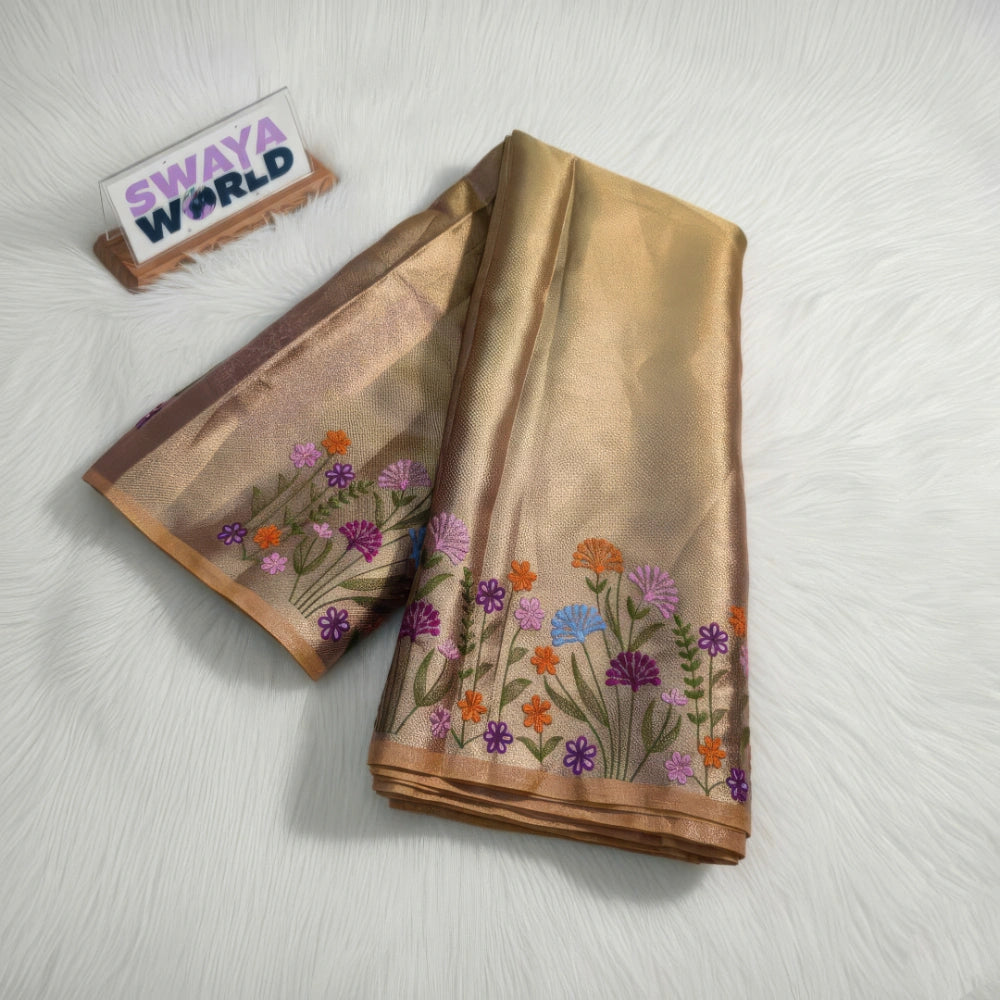 Close-up of Bronze color embroidery border and double zari weave on Banarasi semi katan silk saree