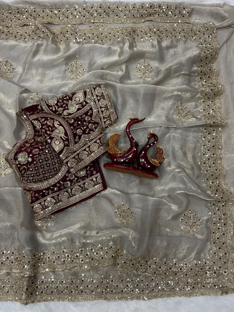 Premium Frendy Satin Saree with Sequence & Zari Embroidery – Heavy Stitched Blouse