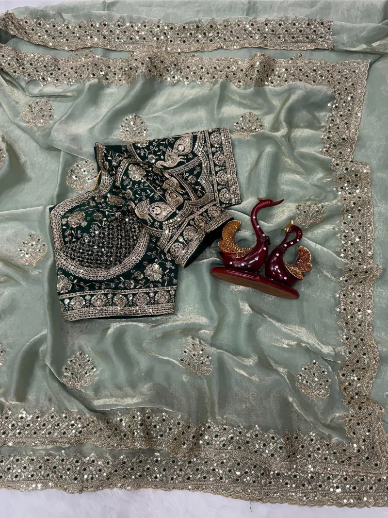 Premium Frendy Satin Saree with Sequence & Zari Embroidery – Heavy Stitched Blouse