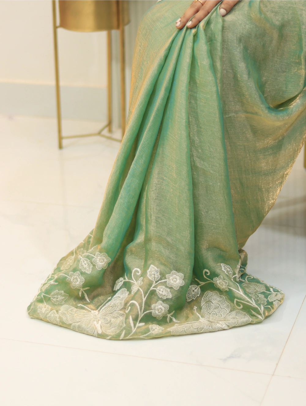 Pure Fendy Chiffon Saree with Butterfly Embroidery & Matching Embroidered Running Blouse – Lightweight & Elegant