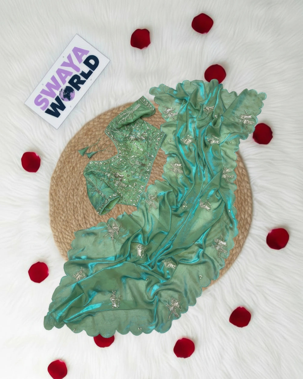 Pure Soft Fandy Satin Silk Saree with Hand Work & Cut Work Aarko Border with 6 Different Colours – Stitched Blouse