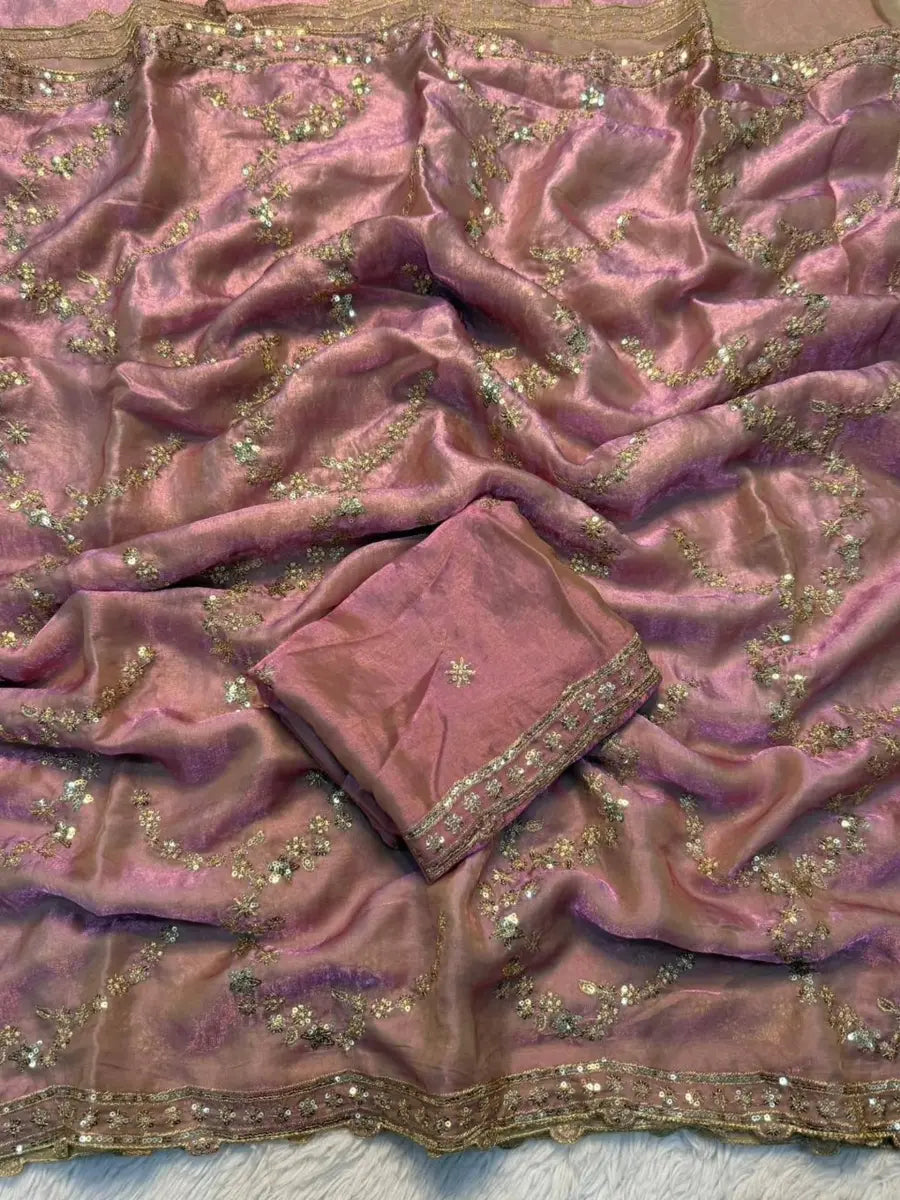 Premium Moss Silk Saree with Multi‑Thread & Sequins Embroidery – Designer Blouse