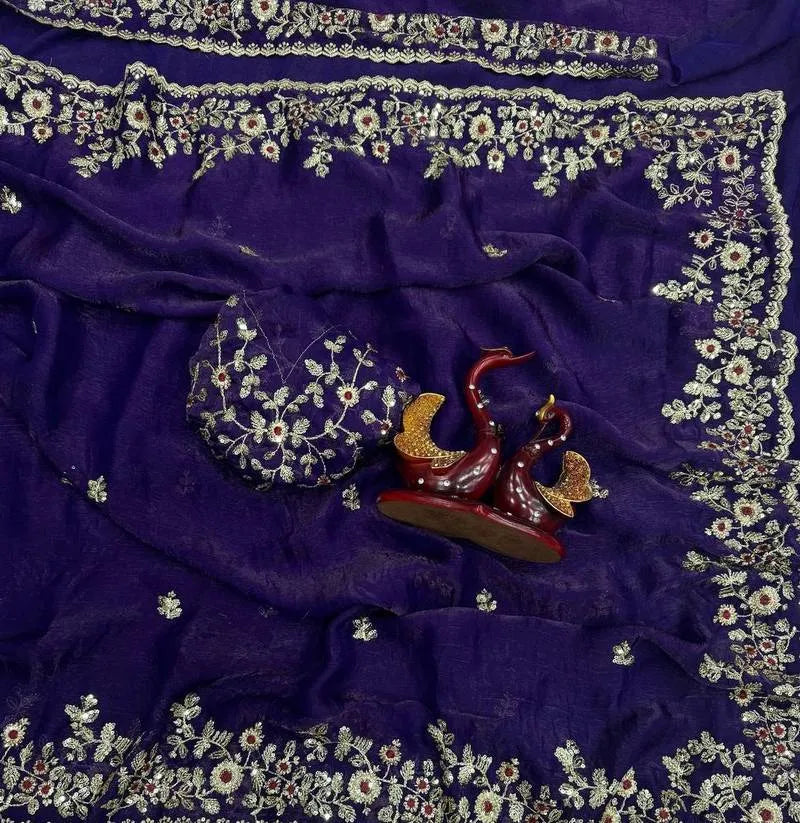 Heavy Soft Fandy Chiffon Silk Saree with Embroidered C-Pallu, Zari & Sequin Work + Cutwork Border – Unstitched Embroidered Blouse Included