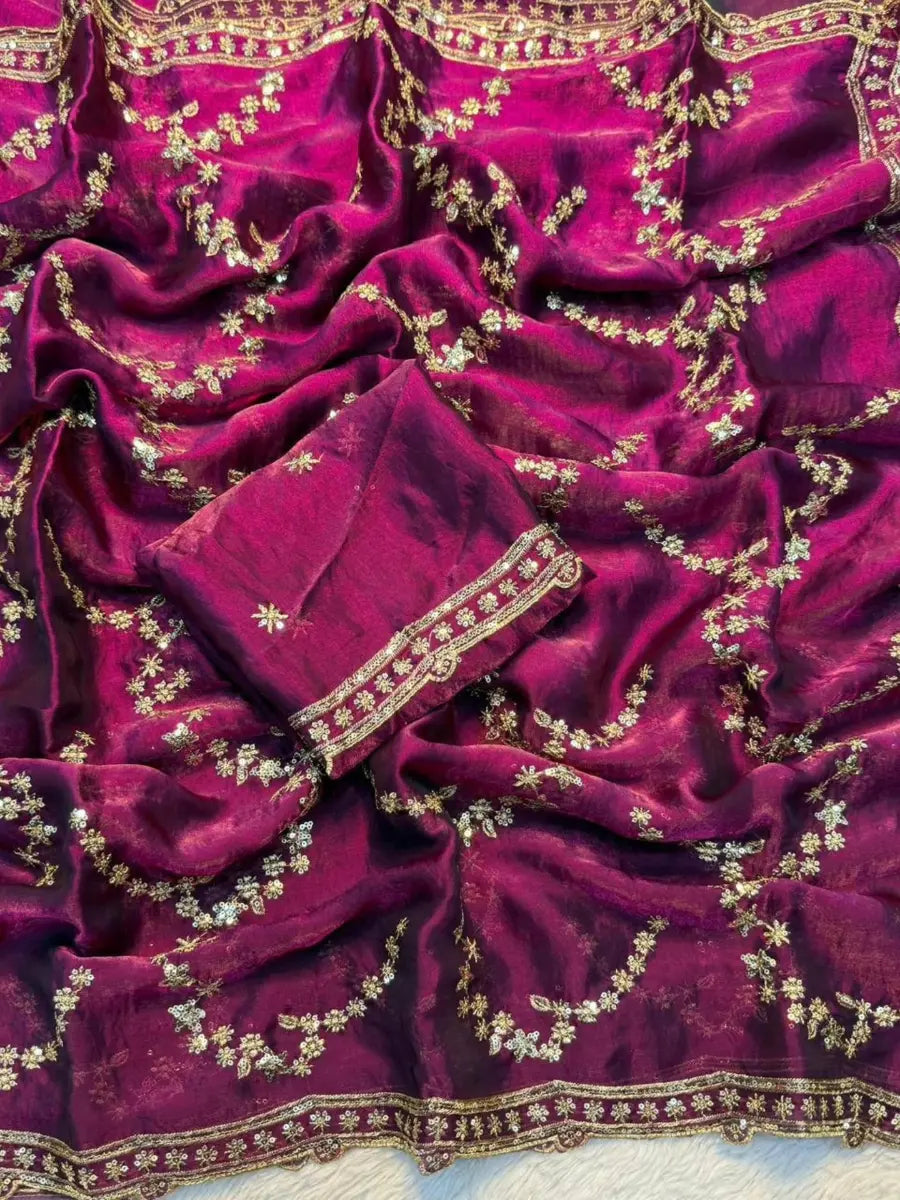 Premium Moss Silk Saree with Multi‑Thread & Sequins Embroidery – Designer Blouse