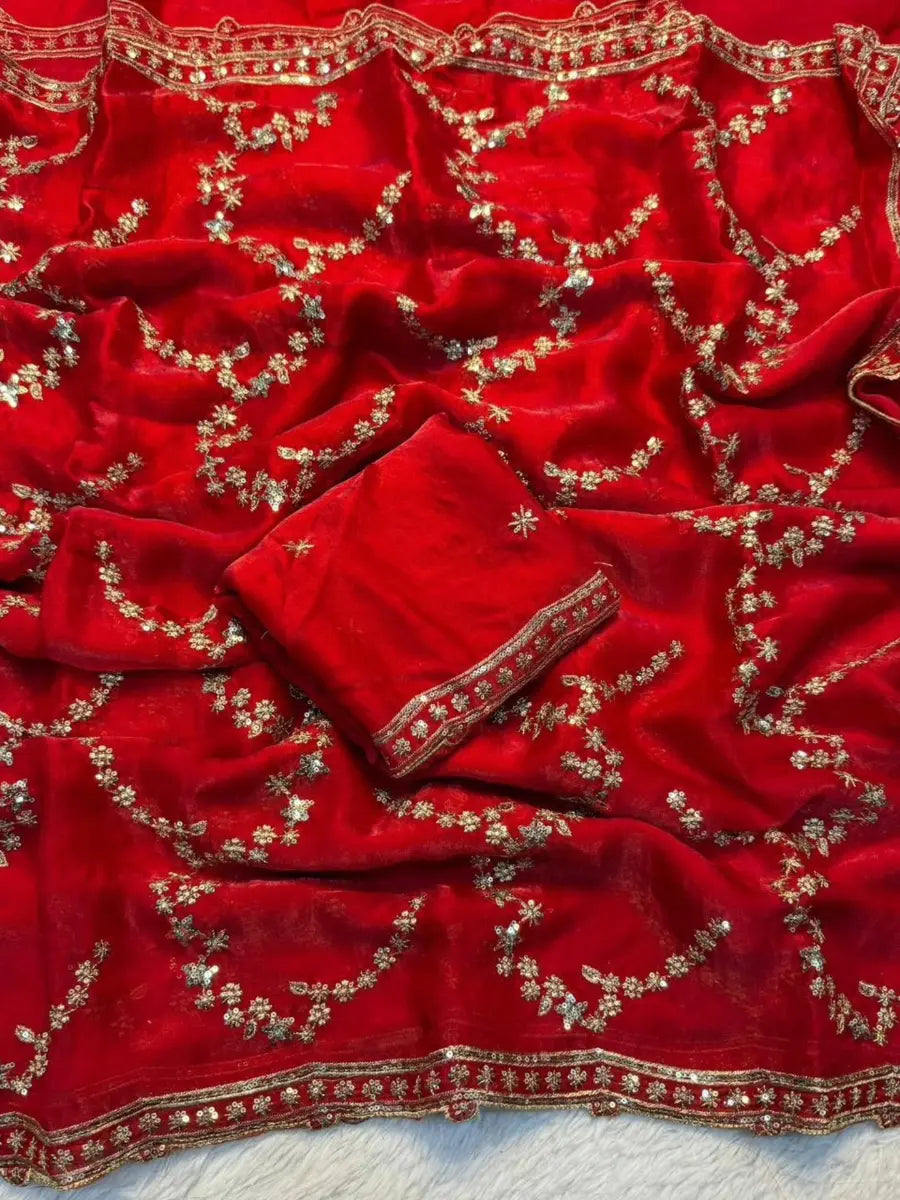 Premium Moss Silk Saree with Multi‑Thread & Sequins Embroidery – Designer Blouse