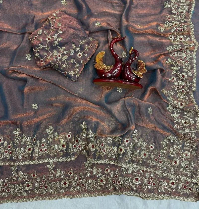 Heavy Soft Fandy Chiffon Silk Saree with Embroidered C-Pallu, Zari & Sequin Work + Cutwork Border – Unstitched Embroidered Blouse Included