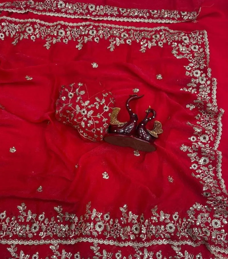 Heavy Soft Fandy Chiffon Silk Saree with Embroidered C-Pallu, Zari & Sequin Work + Cutwork Border – Unstitched Embroidered Blouse Included