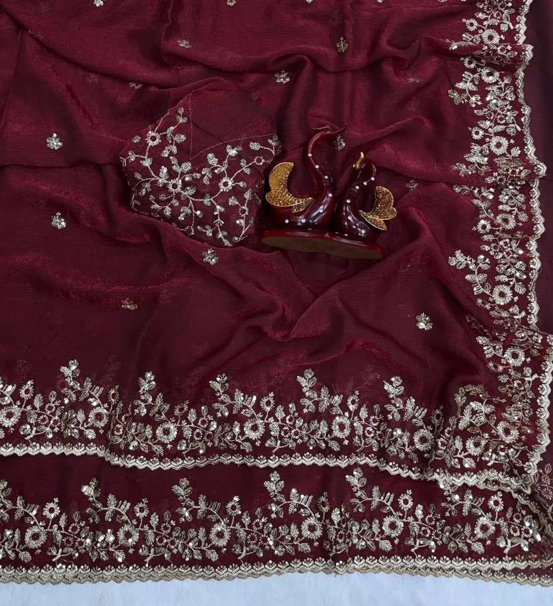 Heavy Soft Fandy Chiffon Silk Saree with Embroidered C-Pallu, Zari & Sequin Work + Cutwork Border – Unstitched Embroidered Blouse Included
