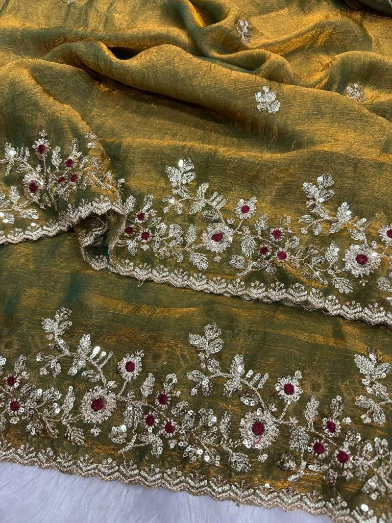 Heavy Soft Fandy Chiffon Silk Saree with Embroidered C-Pallu, Zari & Sequin Work + Cutwork Border – Unstitched Embroidered Blouse Included