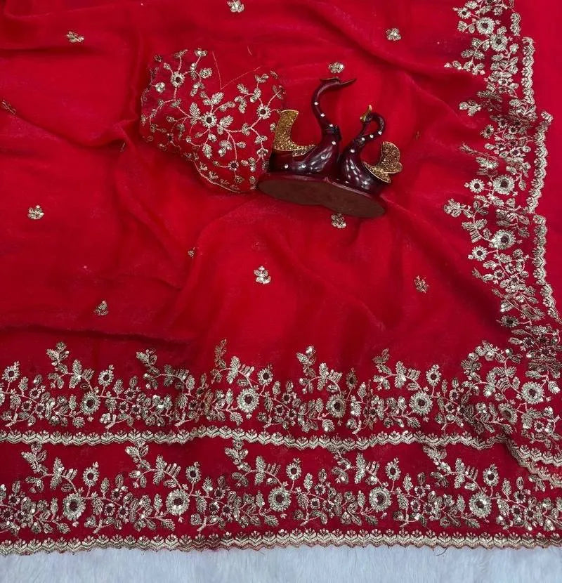 Heavy Soft Fandy Chiffon Silk Saree with Embroidered C-Pallu, Zari & Sequin Work + Cutwork Border – Unstitched Embroidered Blouse Included