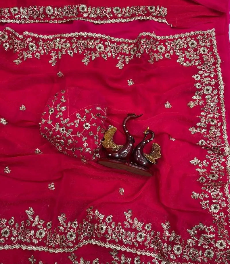 Heavy Soft Fandy Chiffon Silk Saree with Embroidered C-Pallu, Zari & Sequin Work + Cutwork Border – Unstitched Embroidered Blouse Included