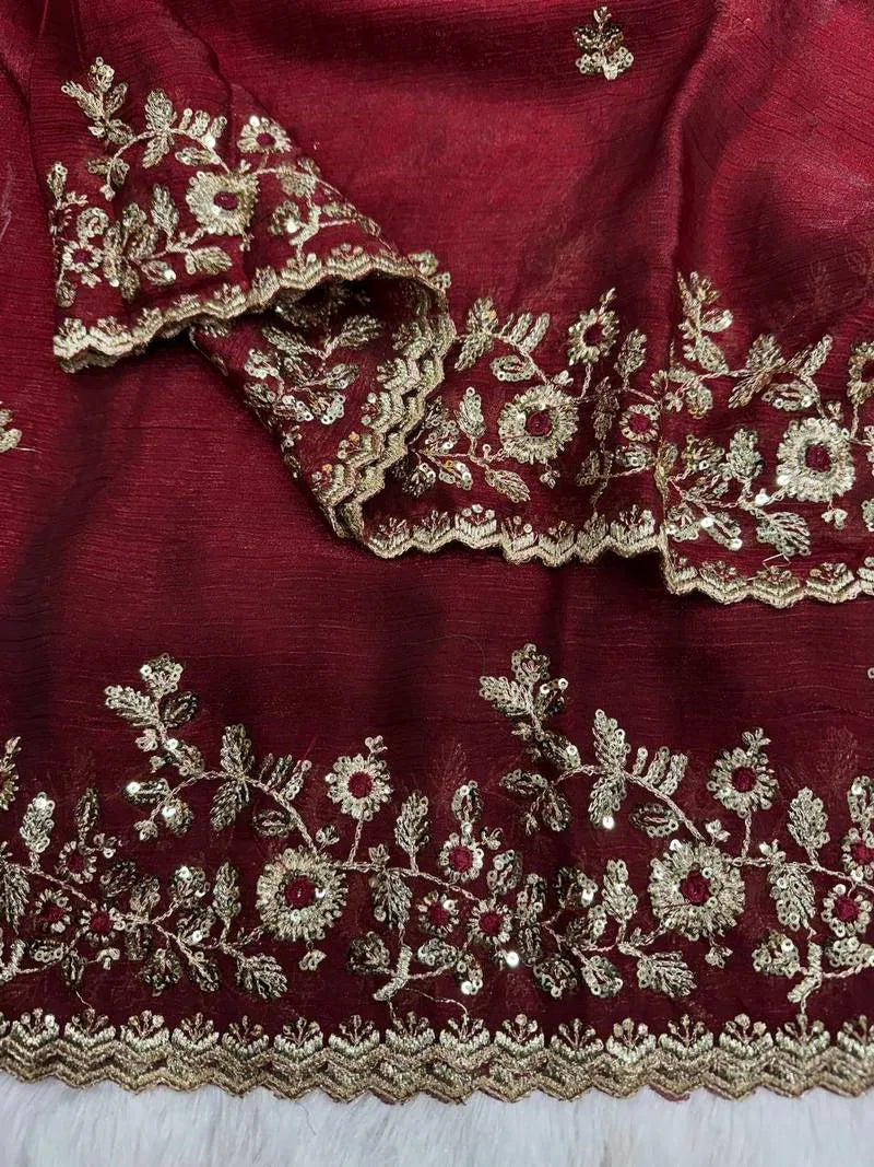 Heavy Soft Fandy Chiffon Silk Saree with Embroidered C-Pallu, Zari & Sequin Work + Cutwork Border – Unstitched Embroidered Blouse Included