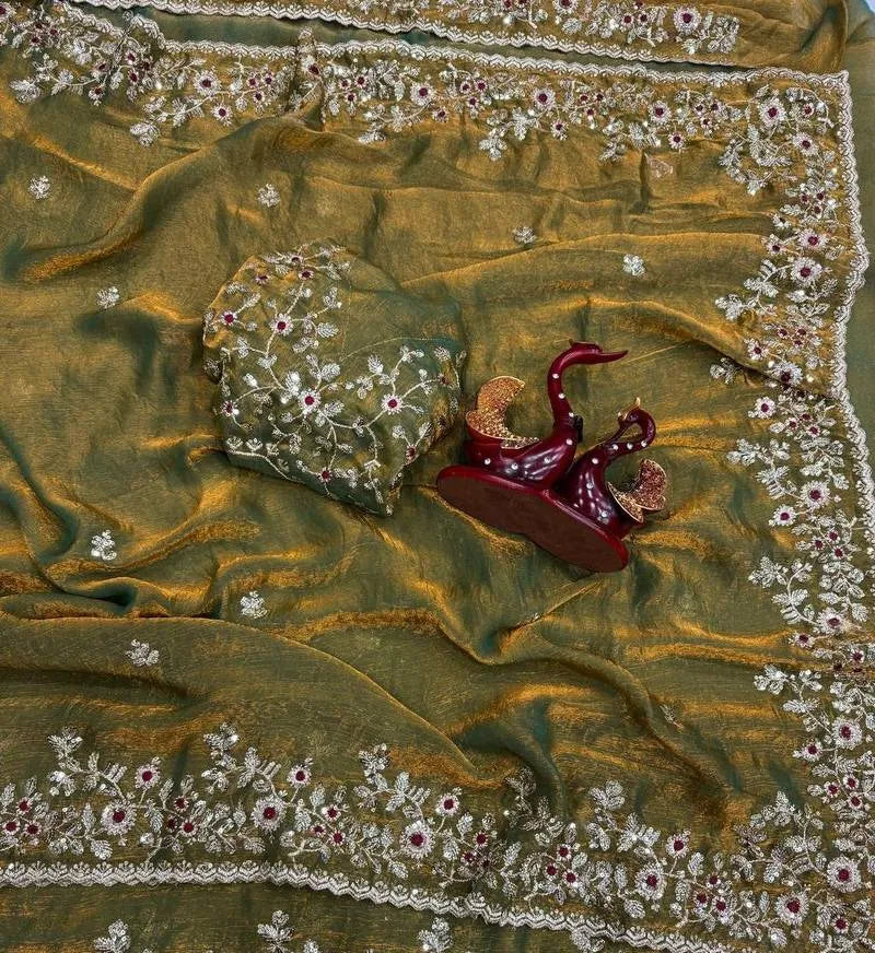 Heavy Soft Fandy Chiffon Silk Saree with Embroidered C-Pallu, Zari & Sequin Work + Cutwork Border – Unstitched Embroidered Blouse Included