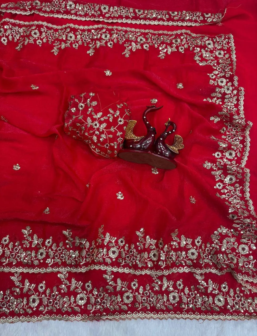 Heavy Soft Fandy Chiffon Silk Saree with Embroidered C-Pallu, Zari & Sequin Work + Cutwork Border – Unstitched Embroidered Blouse Included