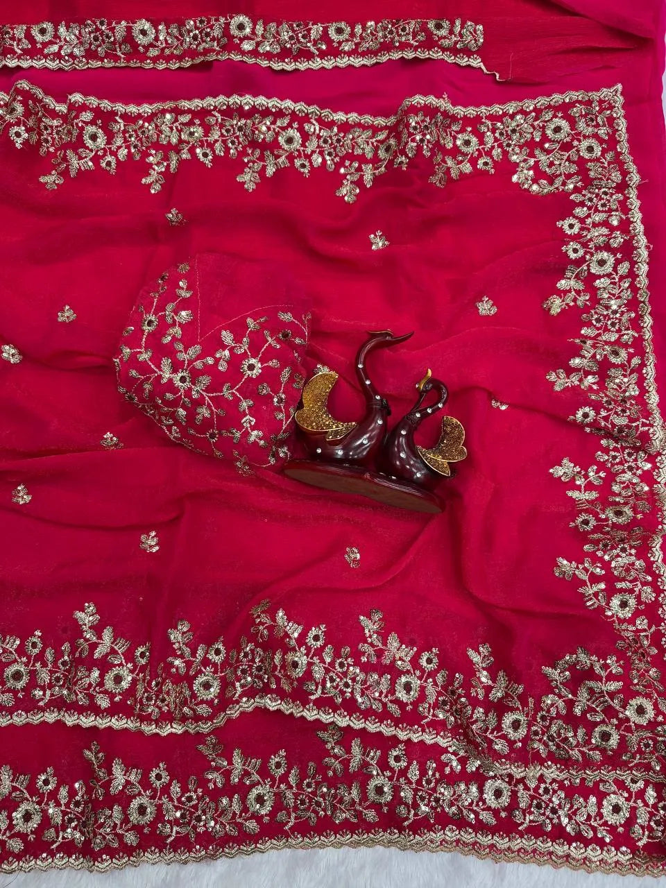 Heavy Soft Fandy Chiffon Silk Saree with Embroidered C-Pallu, Zari & Sequin Work + Cutwork Border – Unstitched Embroidered Blouse Included