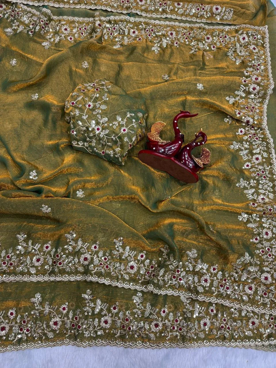 Heavy Soft Fandy Chiffon Silk Saree with Embroidered C-Pallu, Zari & Sequin Work + Cutwork Border – Unstitched Embroidered Blouse Included
