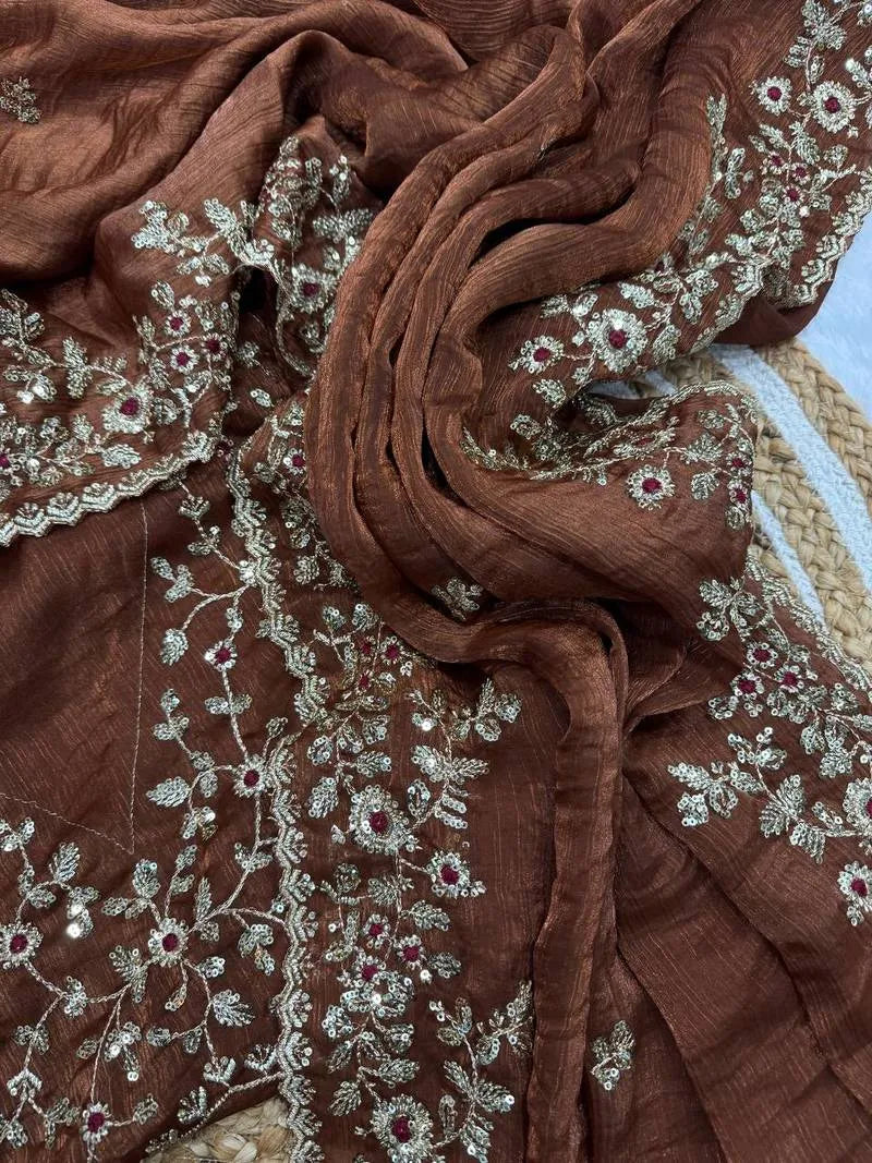 Heavy Soft Fandy Chiffon Silk Saree with Embroidered C-Pallu, Zari & Sequin Work + Cutwork Border – Unstitched Embroidered Blouse Included