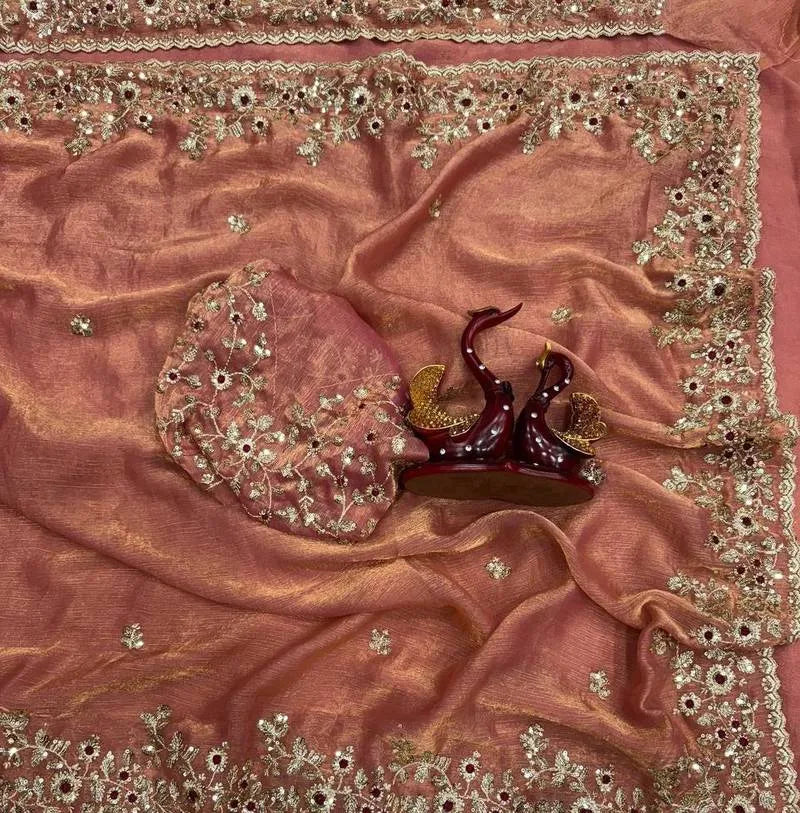 Heavy Soft Fandy Chiffon Silk Saree with Embroidered C-Pallu, Zari & Sequin Work + Cutwork Border – Unstitched Embroidered Blouse Included